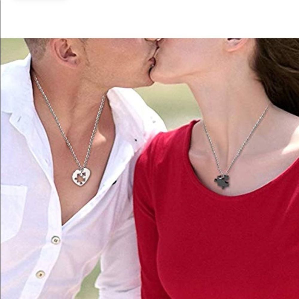 Stainless steel couples puzzle piece heart pendant necklace